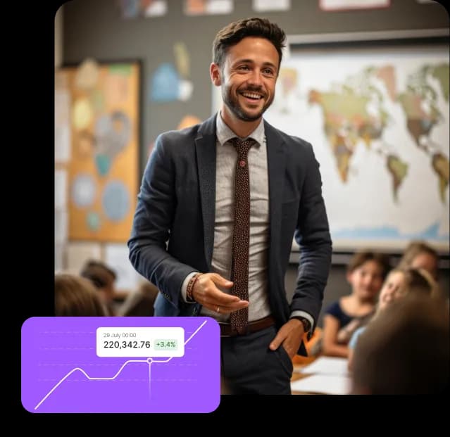 A man speaking in front of a world map